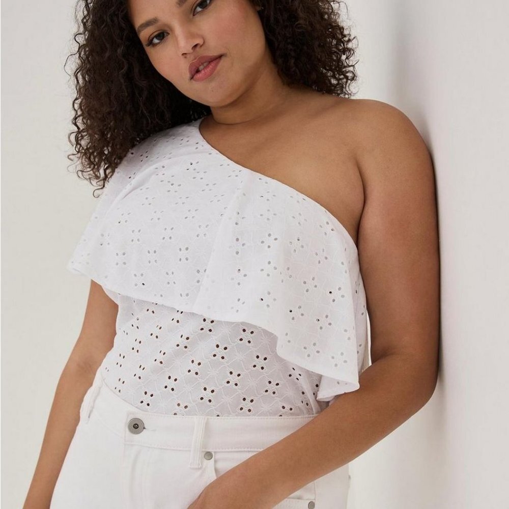 Nwt One Shoulder Ruffle Top - Eyelet Jersey White